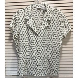 Covington Cream/Green Geo Chiffon Button Up Collar‎ Blouse Size XL Short Sleeve